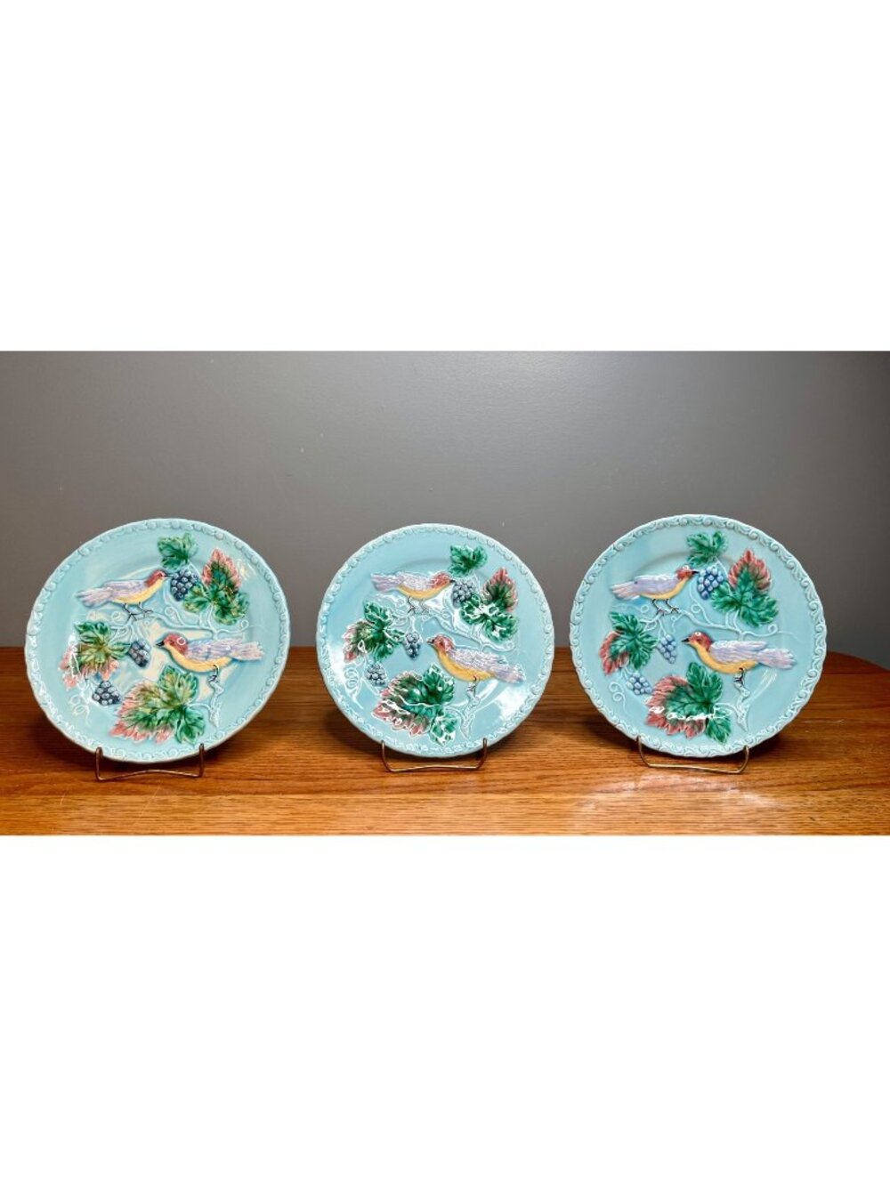 Set 3 Antique MAJOLICA German 7.5" Plate Bird & Berry Pattern Black Forest